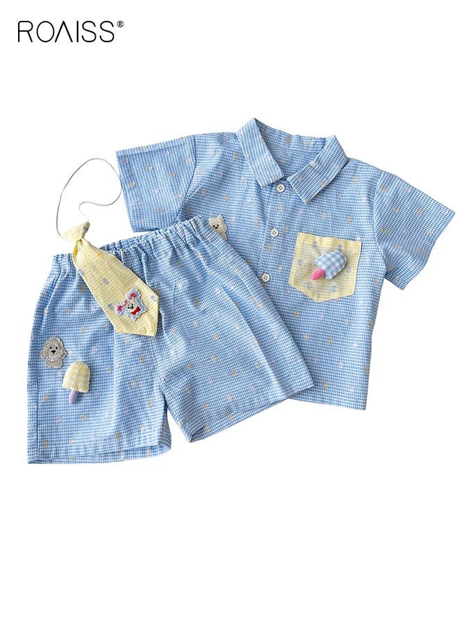 رويس طقم ملابس مريح مكون من 3 قطع للأولاد الصغار، طقم قمصان وشورتات عالية الجودة مع ربطة عنق، طقم ملابس صيفية رائعة بأكمام قصيرة بلوزة قصيرة الأكمام وبنطال قصير بخصر مطاطي - Image 2